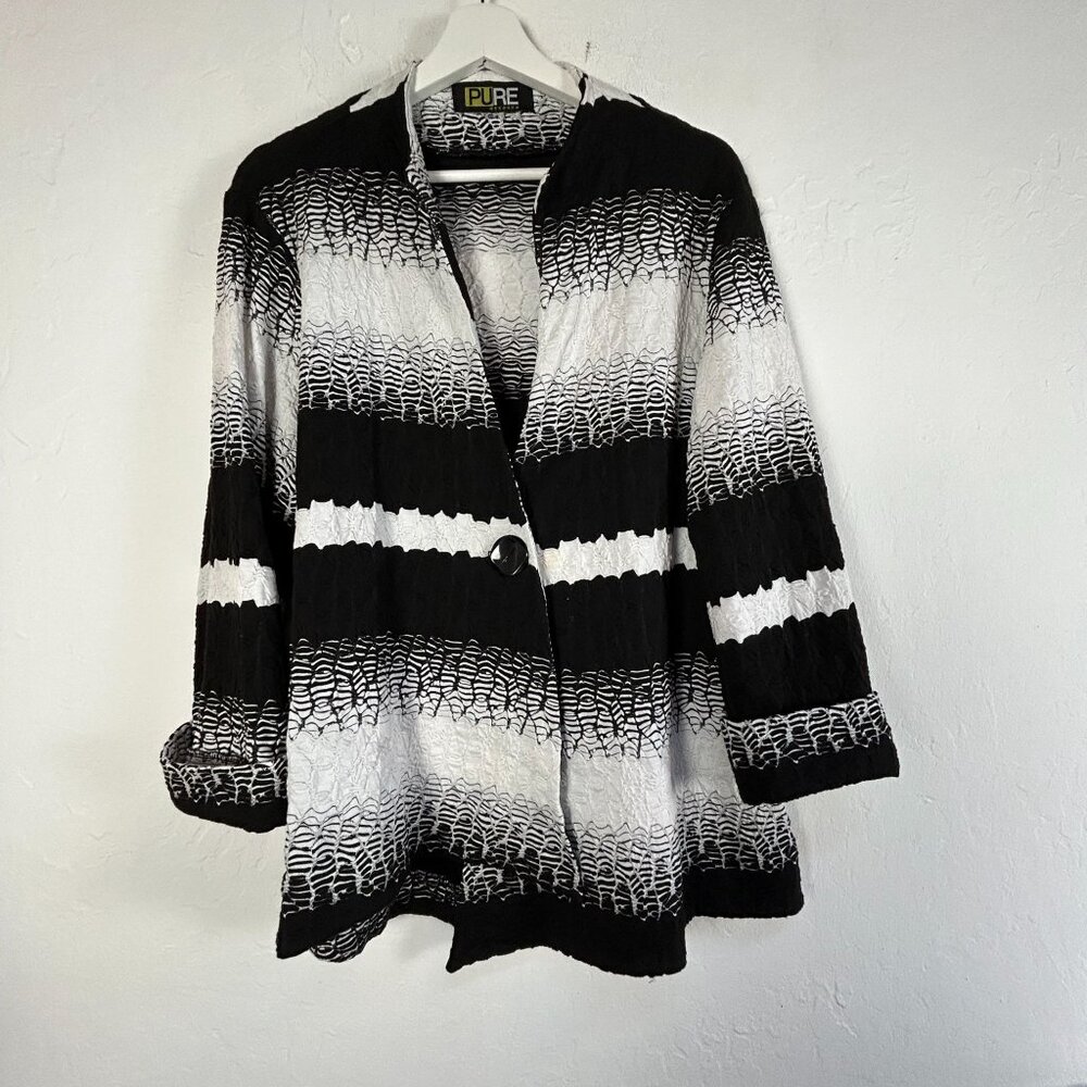 Pure Essence Womens Crinkle Textured Striped Button-Front Swing Jacket Black